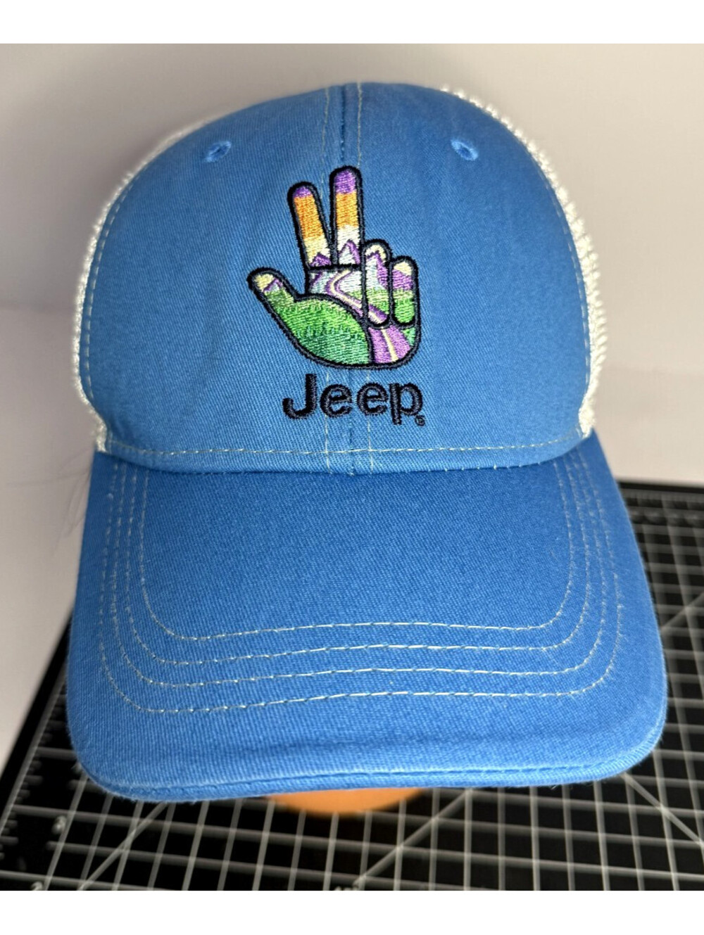 Jeep Peace Sign Hat Cap Trucker Snap Back One Size Blue Mens Mesh Embroidered